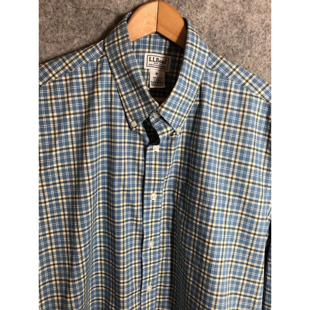 L.L. Bean Shirt Men Large Tall Blue Check Kennebunk Wrinkle Free Slim Career